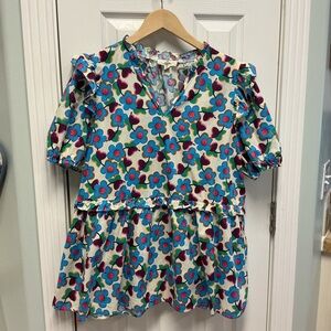 Entro SZ XL Flowers Tunic Top Vneck Puff Sleeve Ruffle Top Blue / Pink Florals